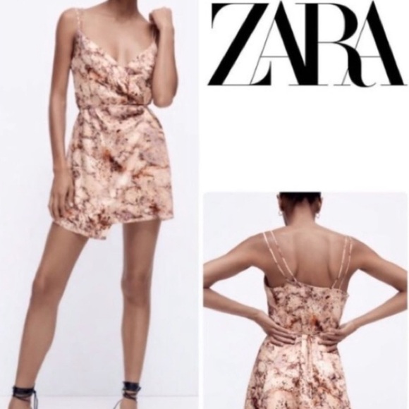 Zara Satin Effect  Marbled Print Mini Spaghetti Strap Wrap Dress Sz: Small - Picture 1 of 11